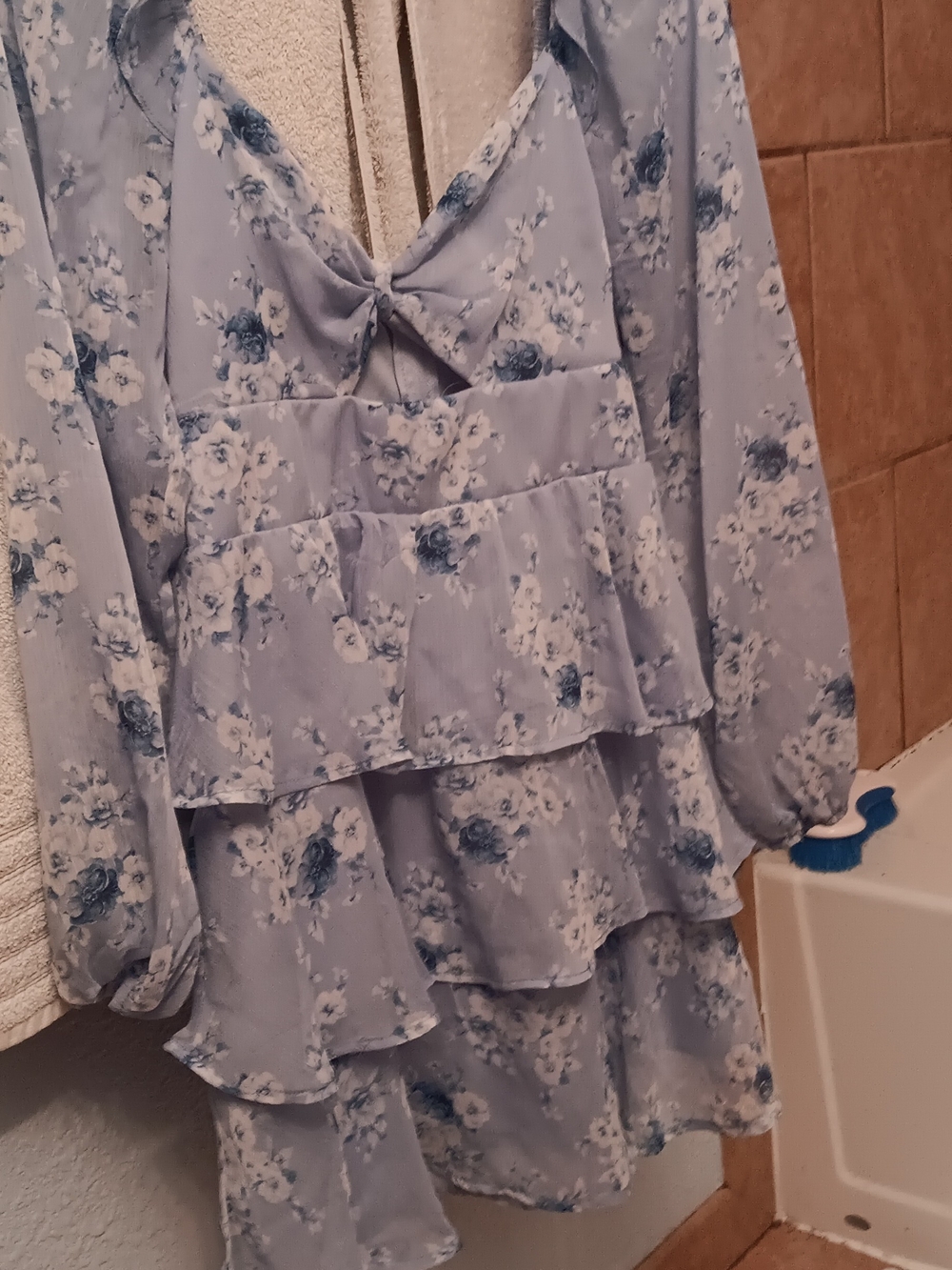 Altar'd State Light Blue Floral Tiered Bow-Front Long Sleeve Dress
